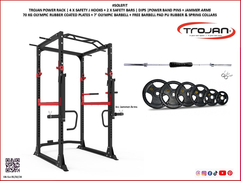 Power Rack Multi Chin Up Safety Bars Dip Handles + Jammers + 70 Kg Olympic Weights & Barbell